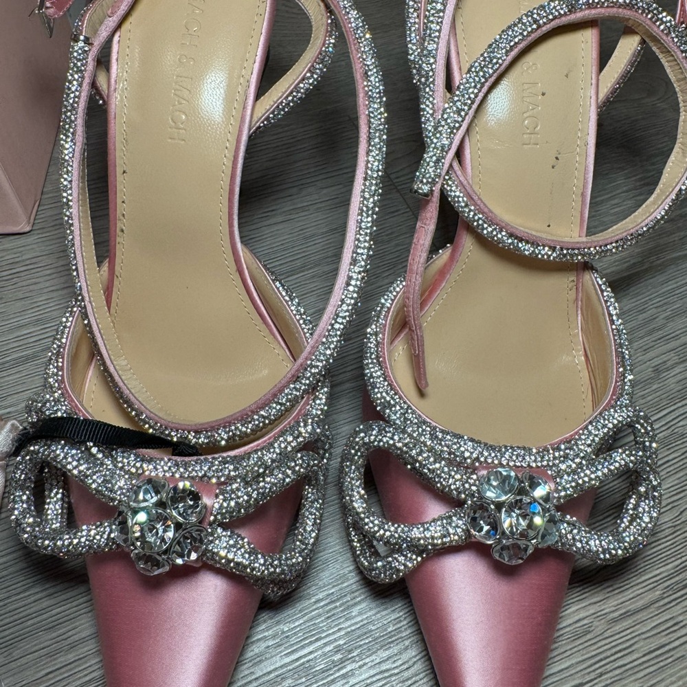 MACH & MACH Pink Satin Heels with Crystal Bow - Picture 2 of 4